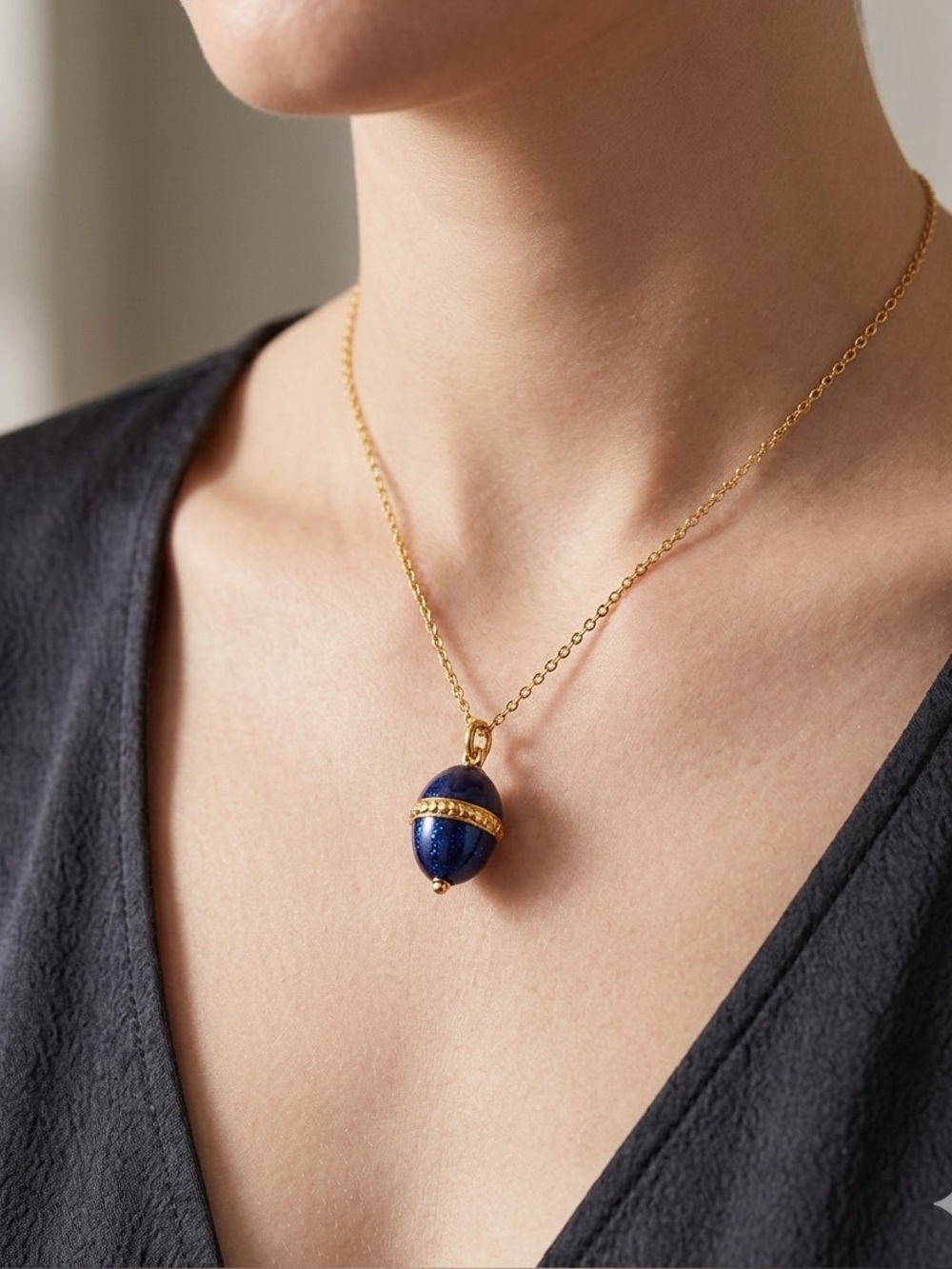 Giftco 23k Gold Plated Blue Enamel Easter Egg Pendant Necklace